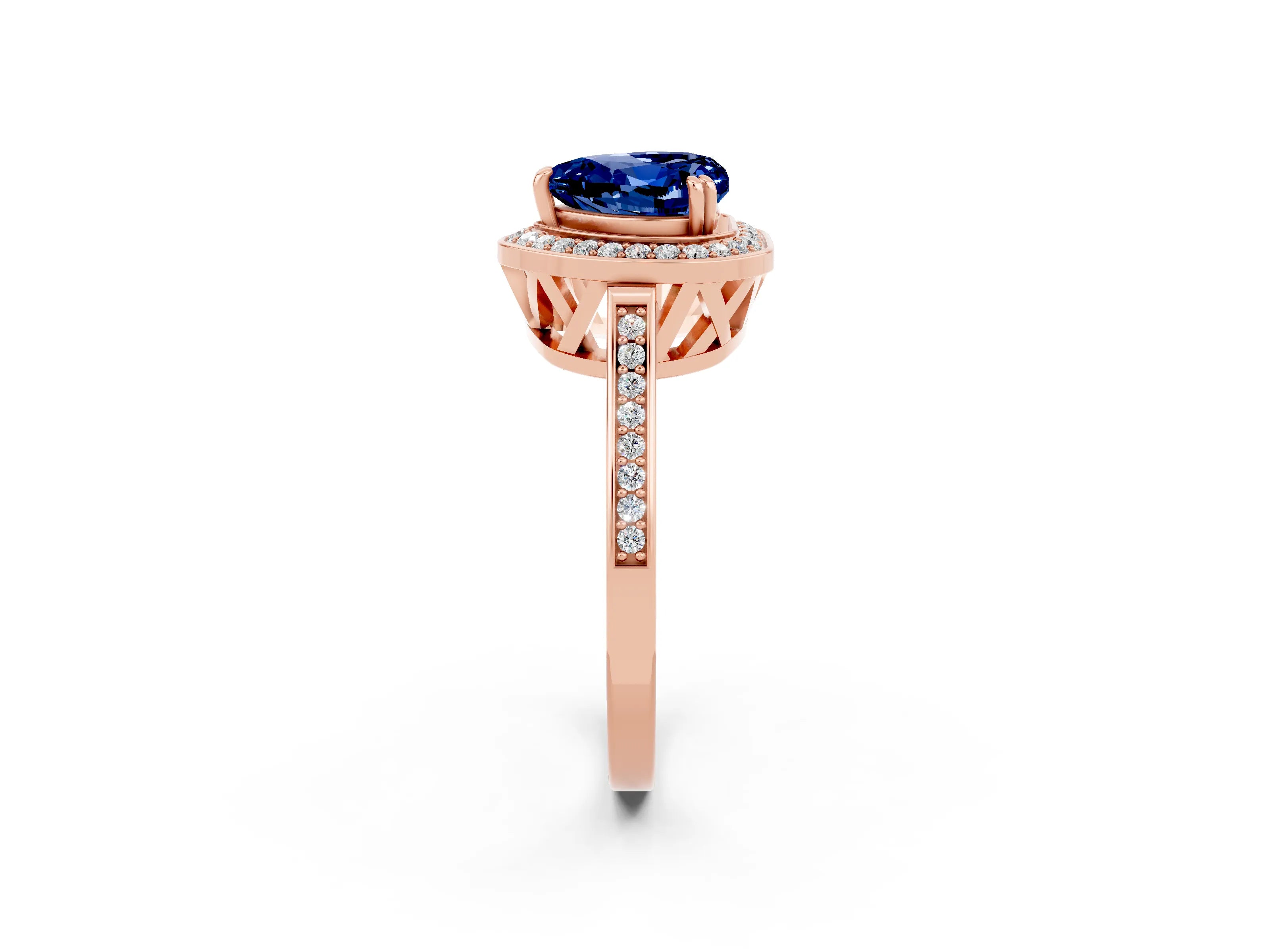 Rose gold {shape_name} Blue Sapphire Halo Ring with Split Shank and Four-Prong Setting_2