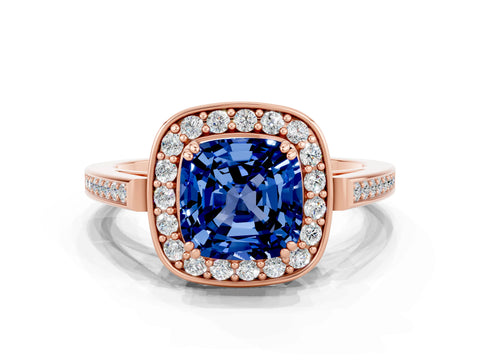 Rose gold {shape_name} Blue Sapphire Halo Ring with Split Shank and Four-Prong Setting_24