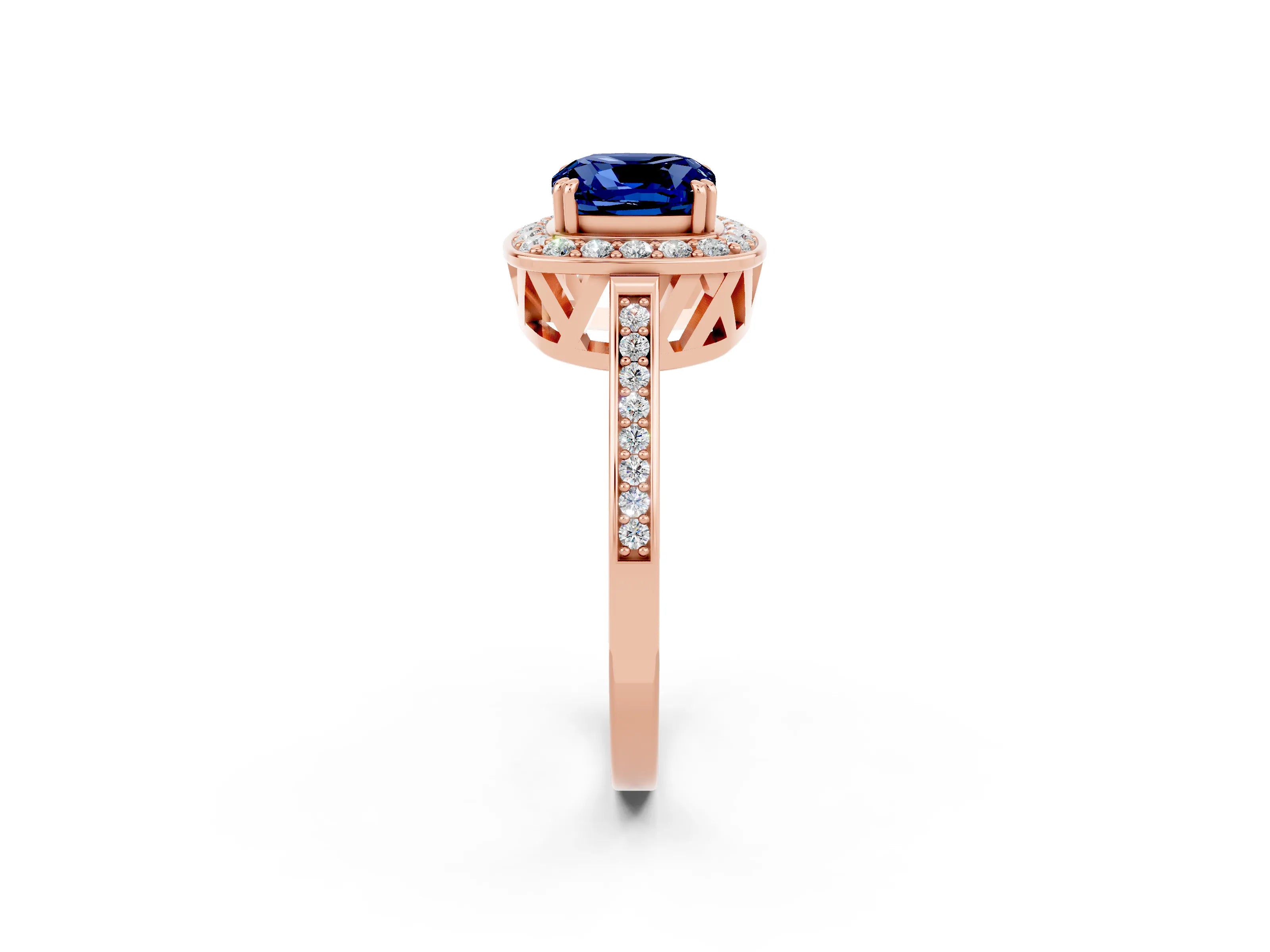 Rose gold {shape_name} Blue Sapphire Halo Ring with Split Shank and Four-Prong Setting_26