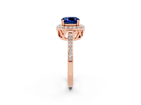 Rose gold {shape_name} Blue Sapphire Halo Ring with Split Shank and Four-Prong Setting_26