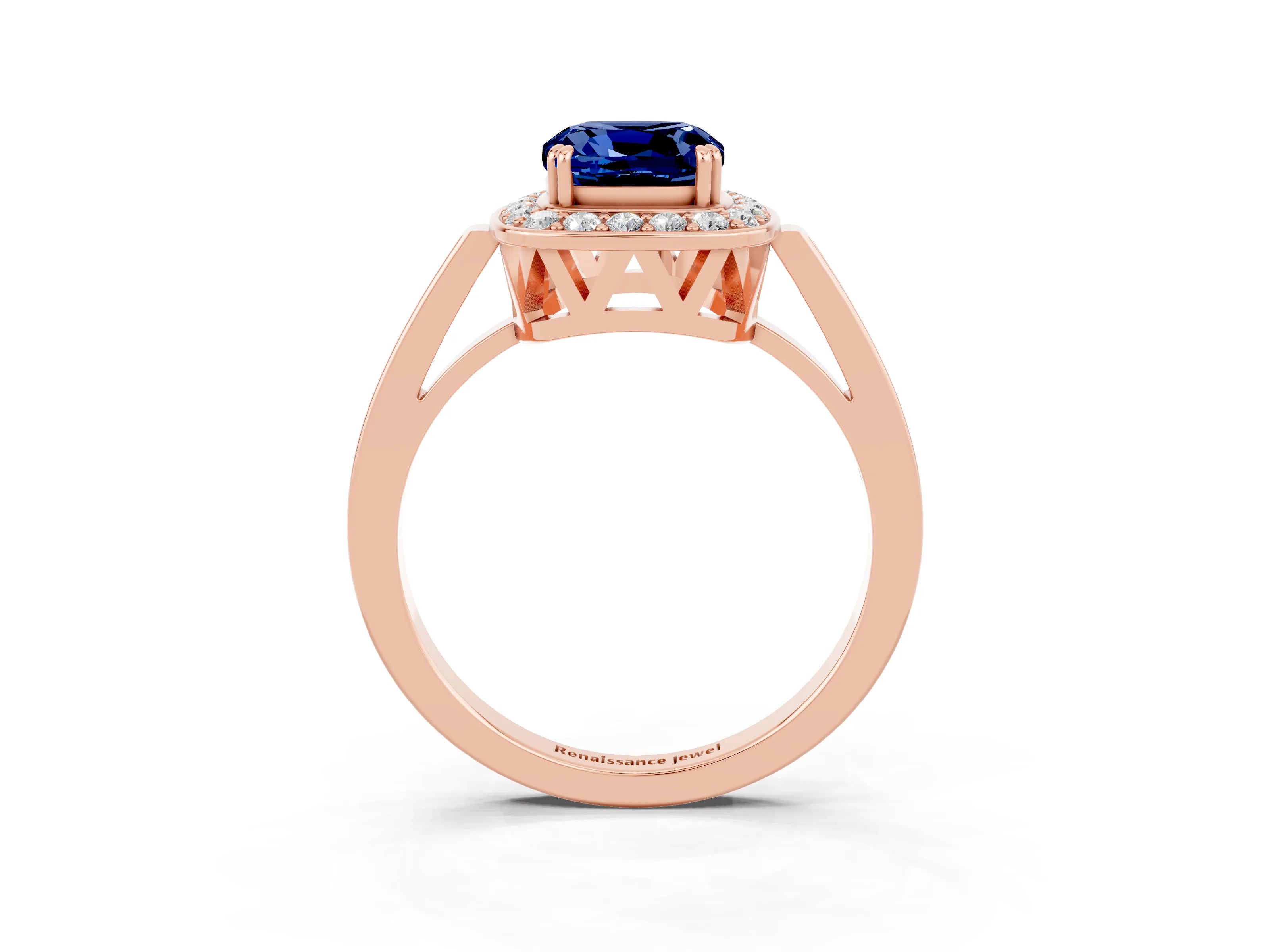 Rose gold {shape_name} Blue Sapphire Halo Ring with Split Shank and Four-Prong Setting_27