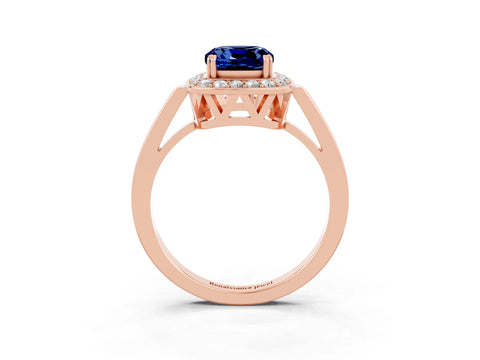 Rose gold {shape_name} Blue Sapphire Halo Ring with Split Shank and Four-Prong Setting_27