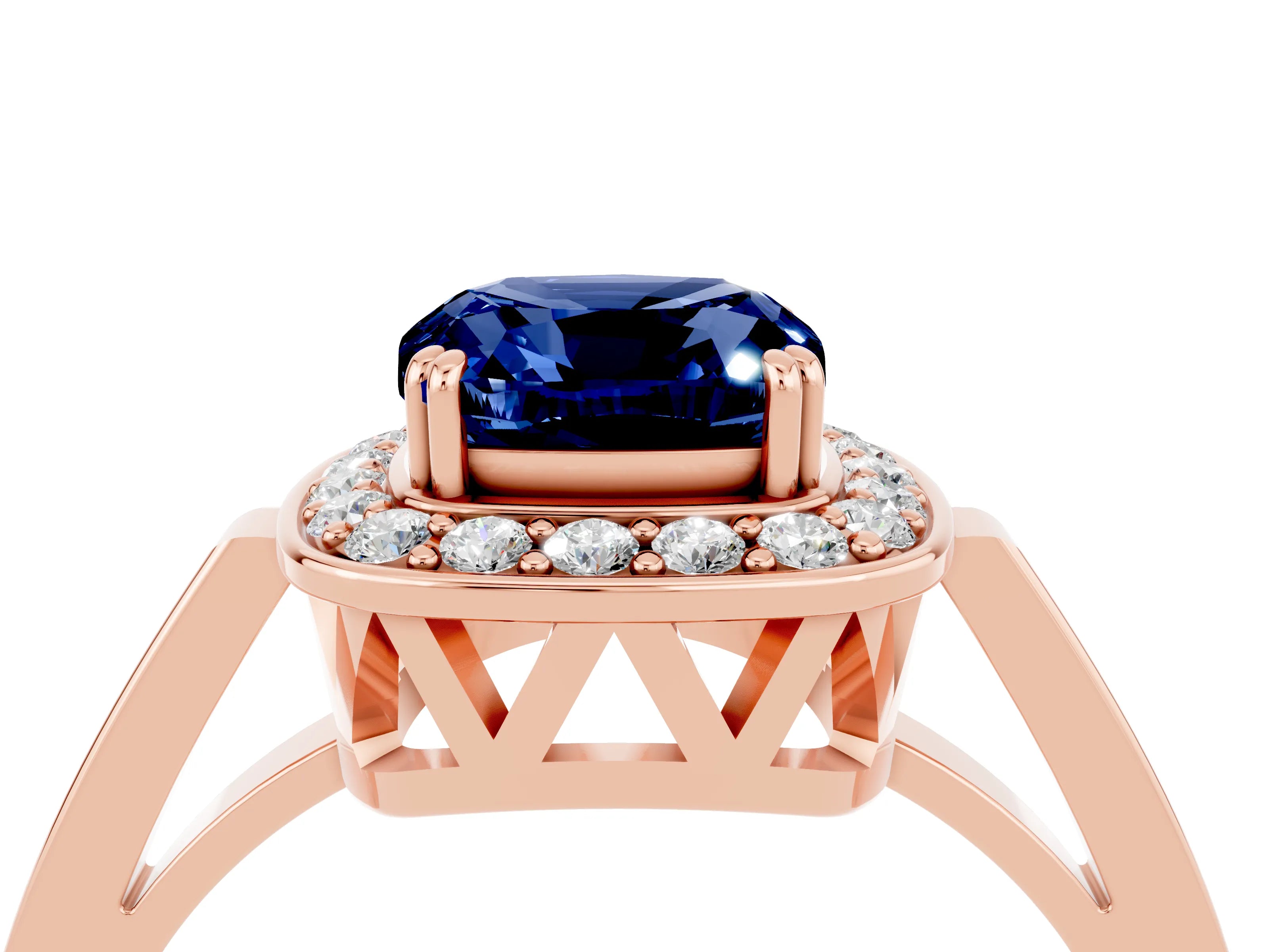 Rose gold {shape_name} Blue Sapphire Halo Ring with Split Shank and Four-Prong Setting_28