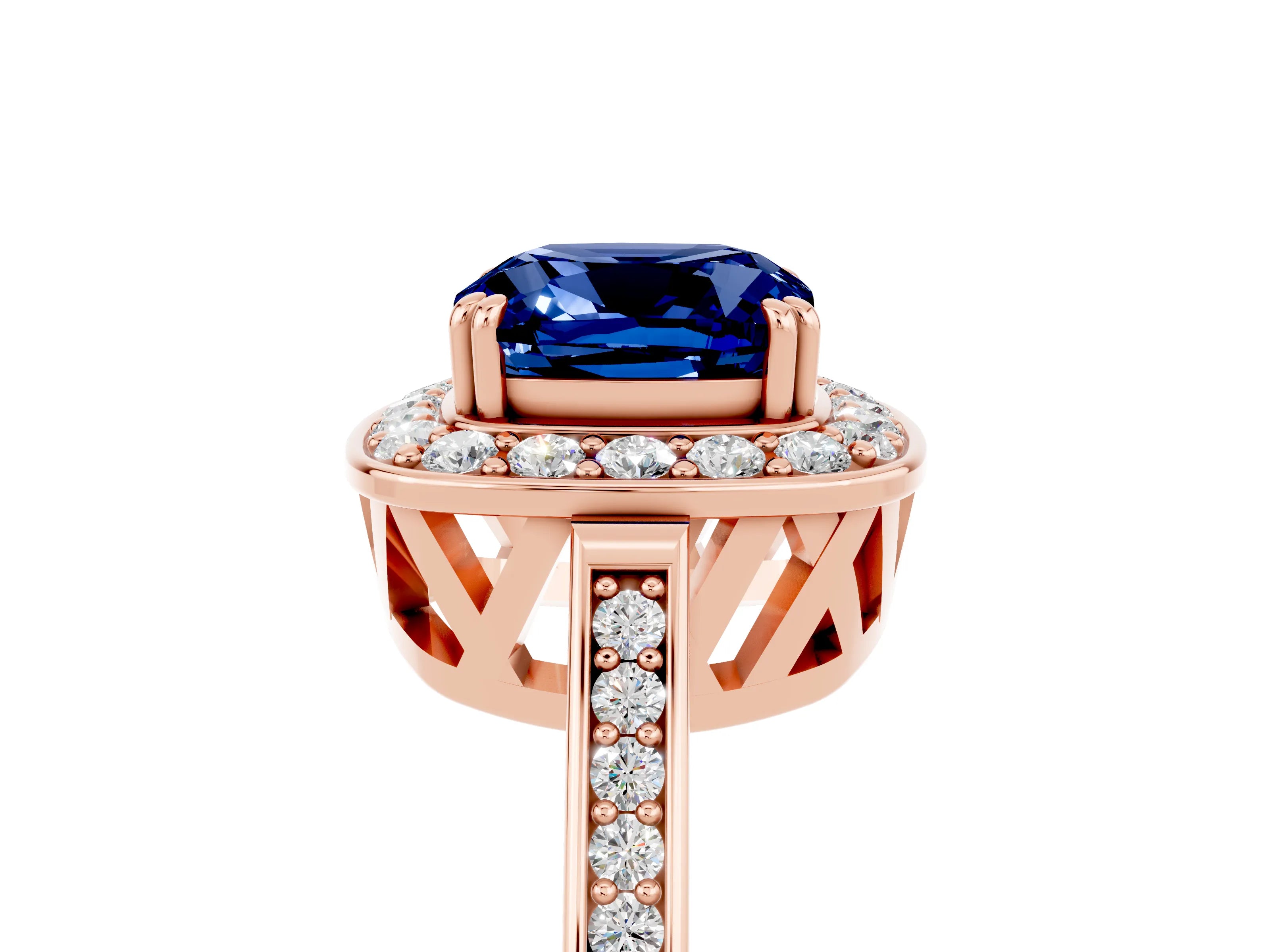Rose gold {shape_name} Blue Sapphire Halo Ring with Split Shank and Four-Prong Setting_29