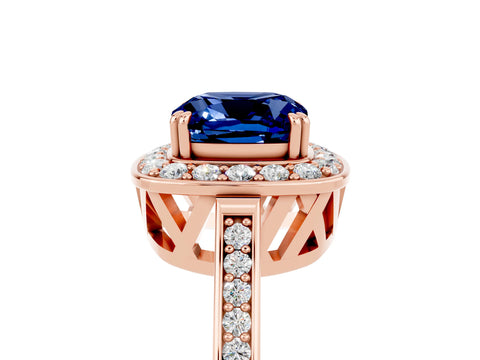 Rose gold {shape_name} Blue Sapphire Halo Ring with Split Shank and Four-Prong Setting_29