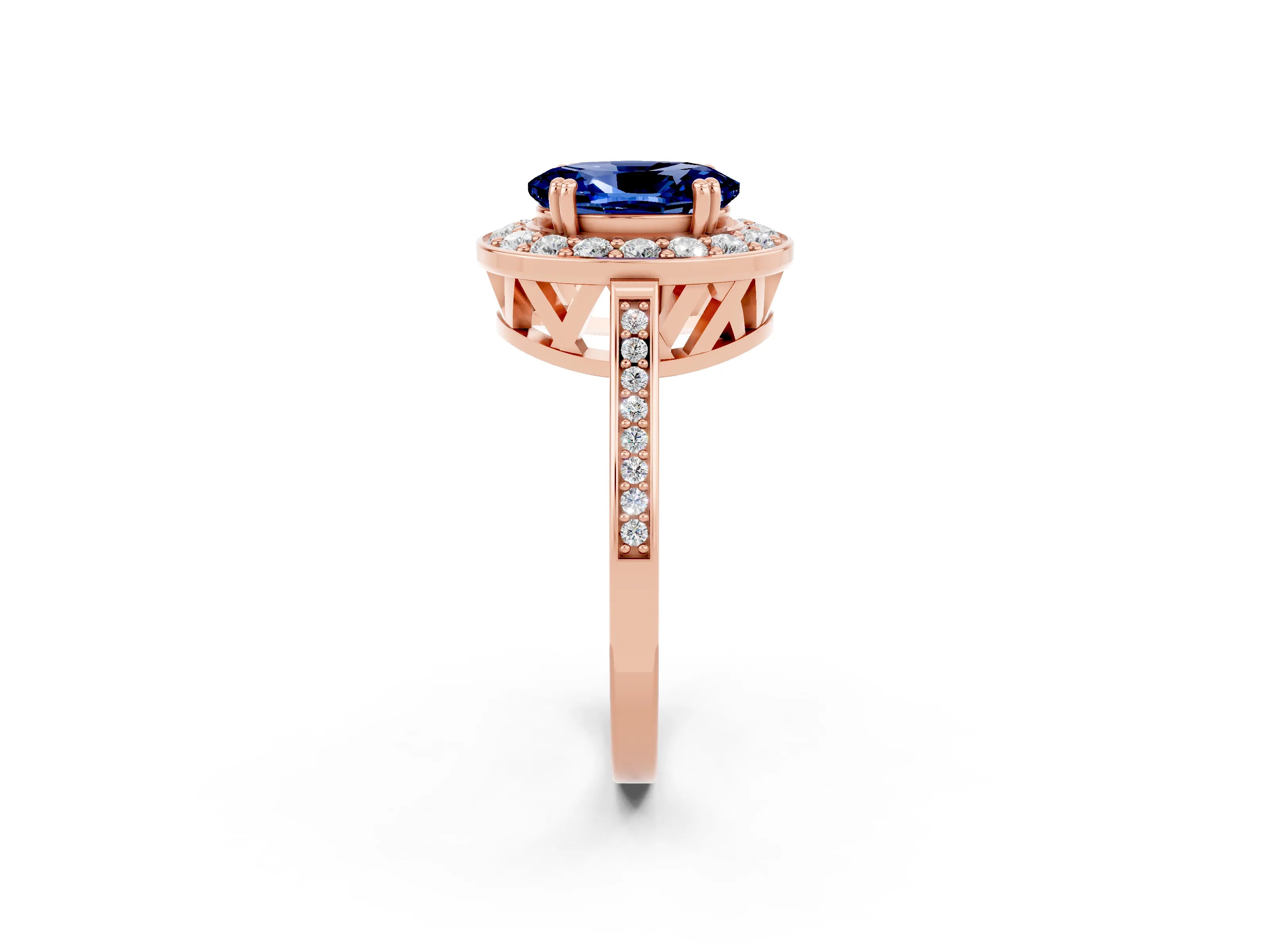 Rose gold {shape_name} Blue Sapphire Halo Ring with Split Shank and Four-Prong Setting_2