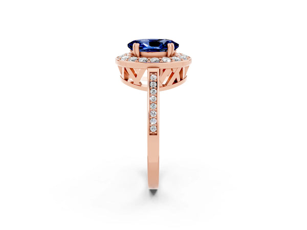 Rose gold Oval Cut Blue Sapphire Halo Ring with Split Shank and Four-Prong Setting