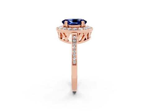 Rose gold {shape_name} Blue Sapphire Halo Ring with Split Shank and Four-Prong Setting_2