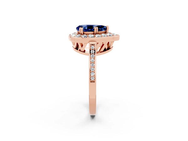 Rose gold Pear Cut Blue Sapphire Halo Ring with Split Shank and Four-Prong Setting