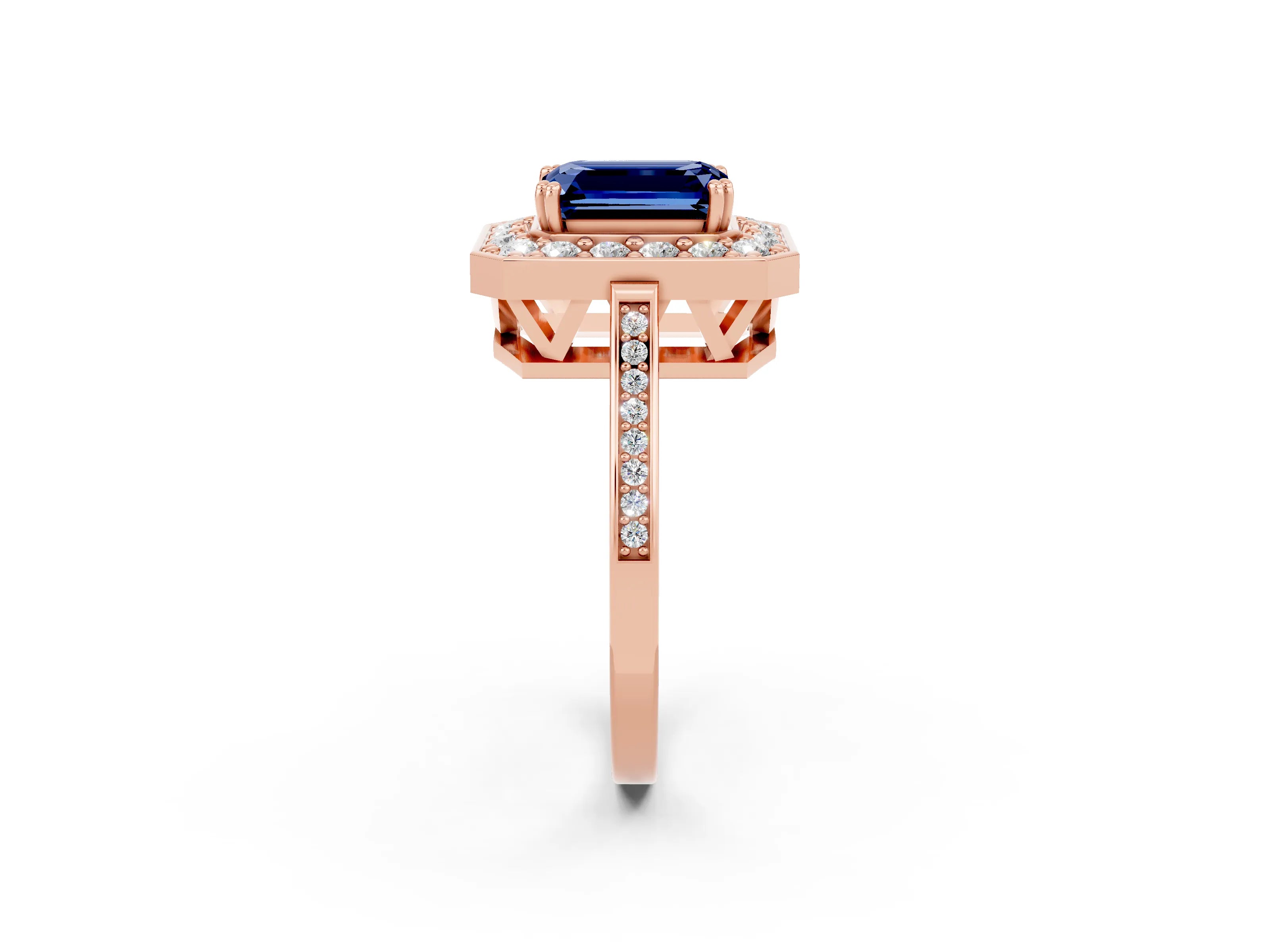 Rose gold {shape_name} Blue Sapphire Halo Ring with Split Shank and Four-Prong Setting_2