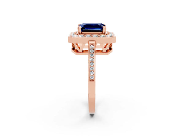 Rose gold Emerald Cut Blue Sapphire Halo Ring with Split Shank and Four-Prong Setting