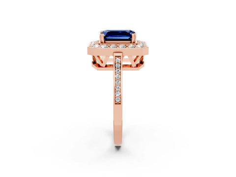 Rose gold {shape_name} Blue Sapphire Halo Ring with Split Shank and Four-Prong Setting_2