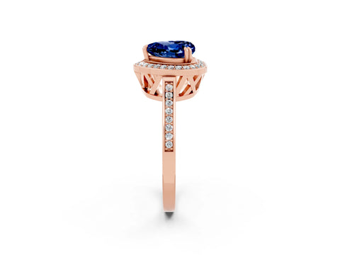 Rose gold {shape_name} Blue Sapphire Halo Ring with Split Shank and Four-Prong Setting_2