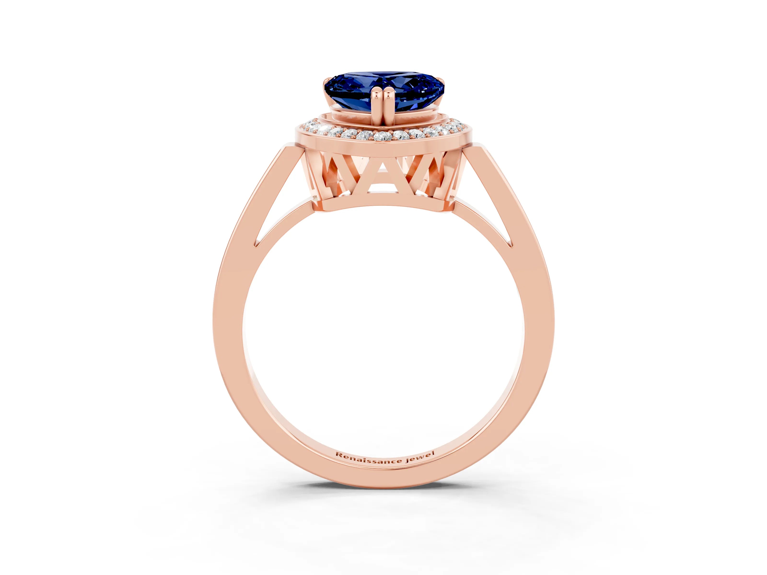 Rose gold {shape_name} Blue Sapphire Halo Ring with Split Shank and Four-Prong Setting_3