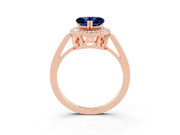 Rose gold Heart Cut Blue Sapphire Halo Ring with Split Shank and Four-Prong Setting