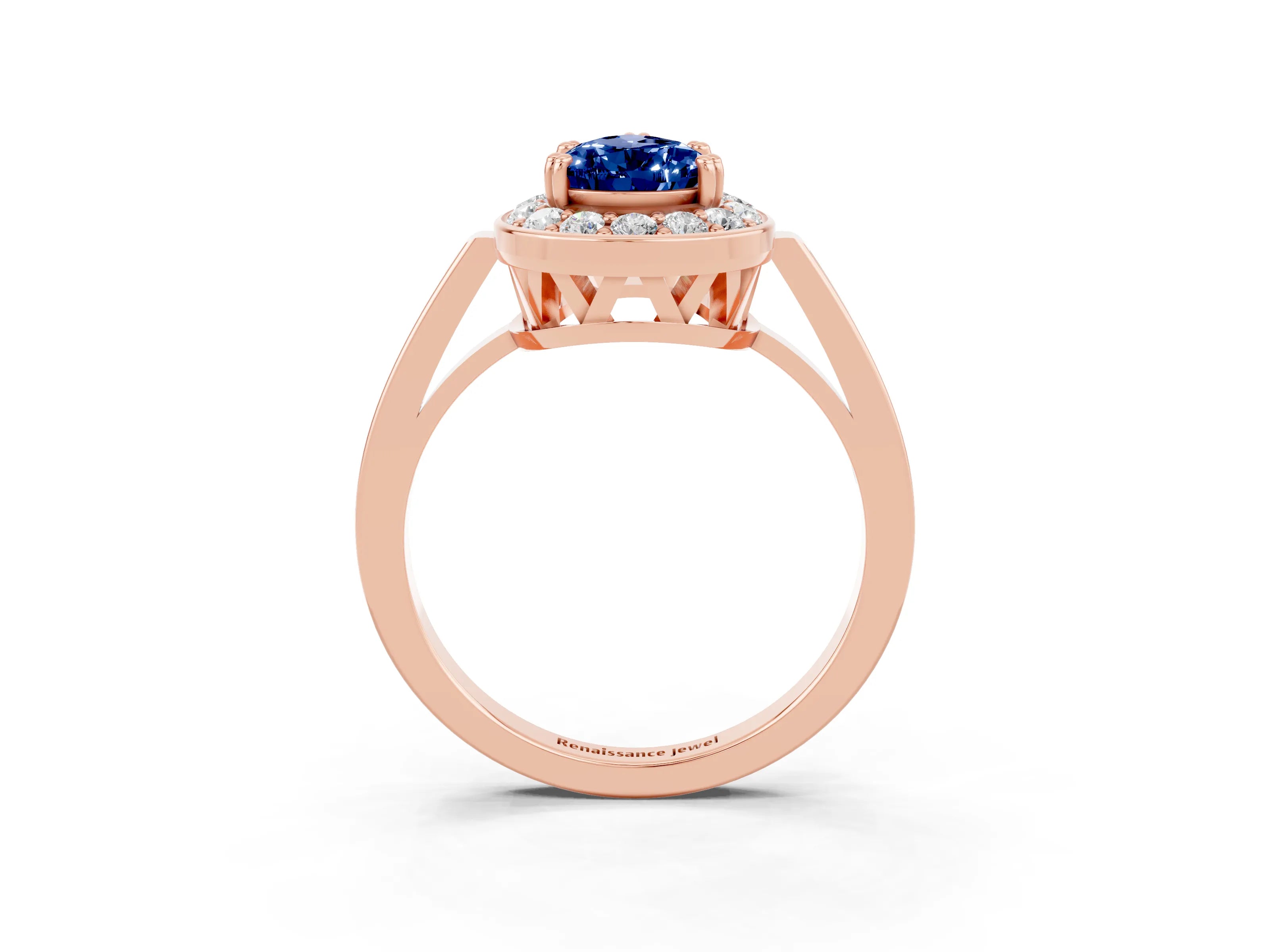 Rose gold {shape_name} Blue Sapphire Halo Ring with Split Shank and Four-Prong Setting_3