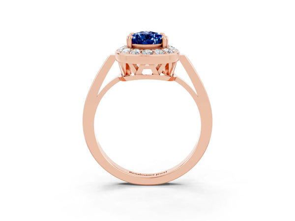 Rose gold Pear Cut Blue Sapphire Halo Ring with Split Shank and Four-Prong Setting