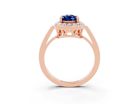 Rose gold {shape_name} Blue Sapphire Halo Ring with Split Shank and Four-Prong Setting_3