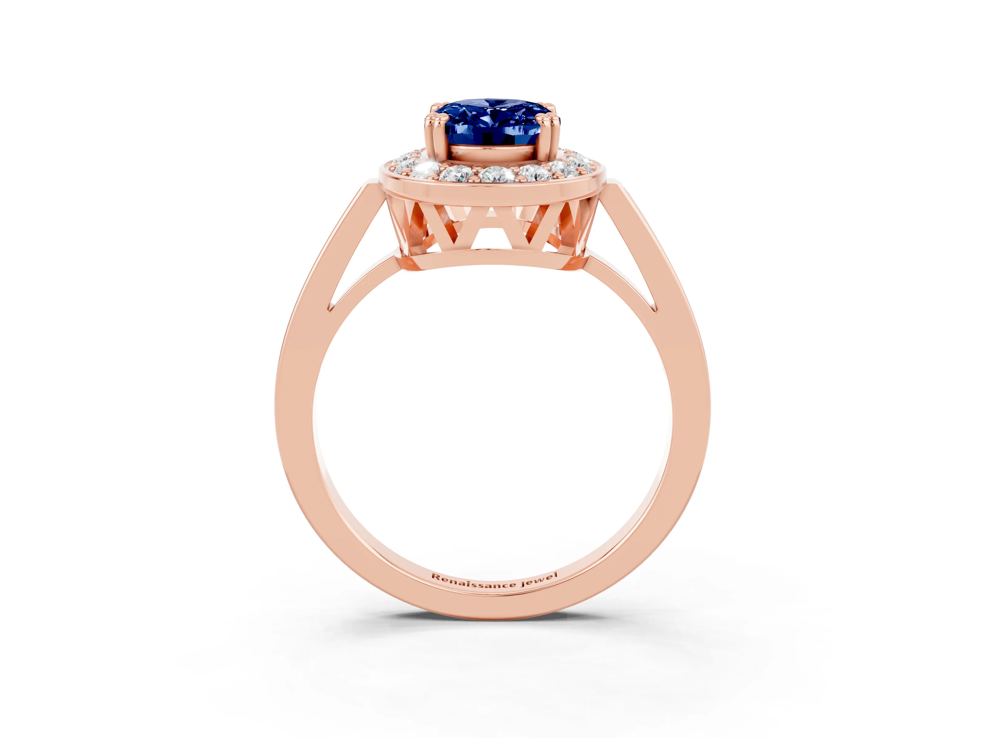 Rose gold {shape_name} Blue Sapphire Halo Ring with Split Shank and Four-Prong Setting_3
