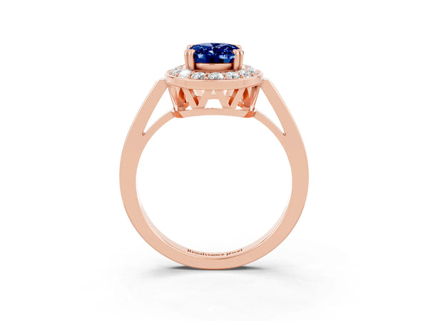Rose gold Oval Cut Blue Sapphire Halo Ring with Split Shank and Four-Prong Setting
