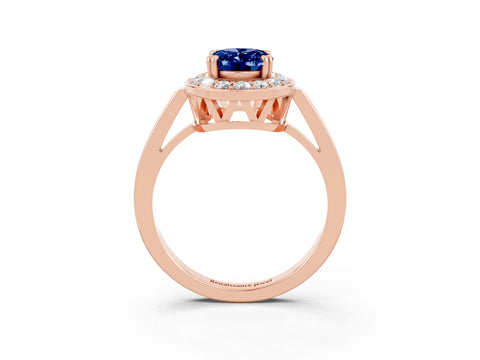 Rose gold {shape_name} Blue Sapphire Halo Ring with Split Shank and Four-Prong Setting_3