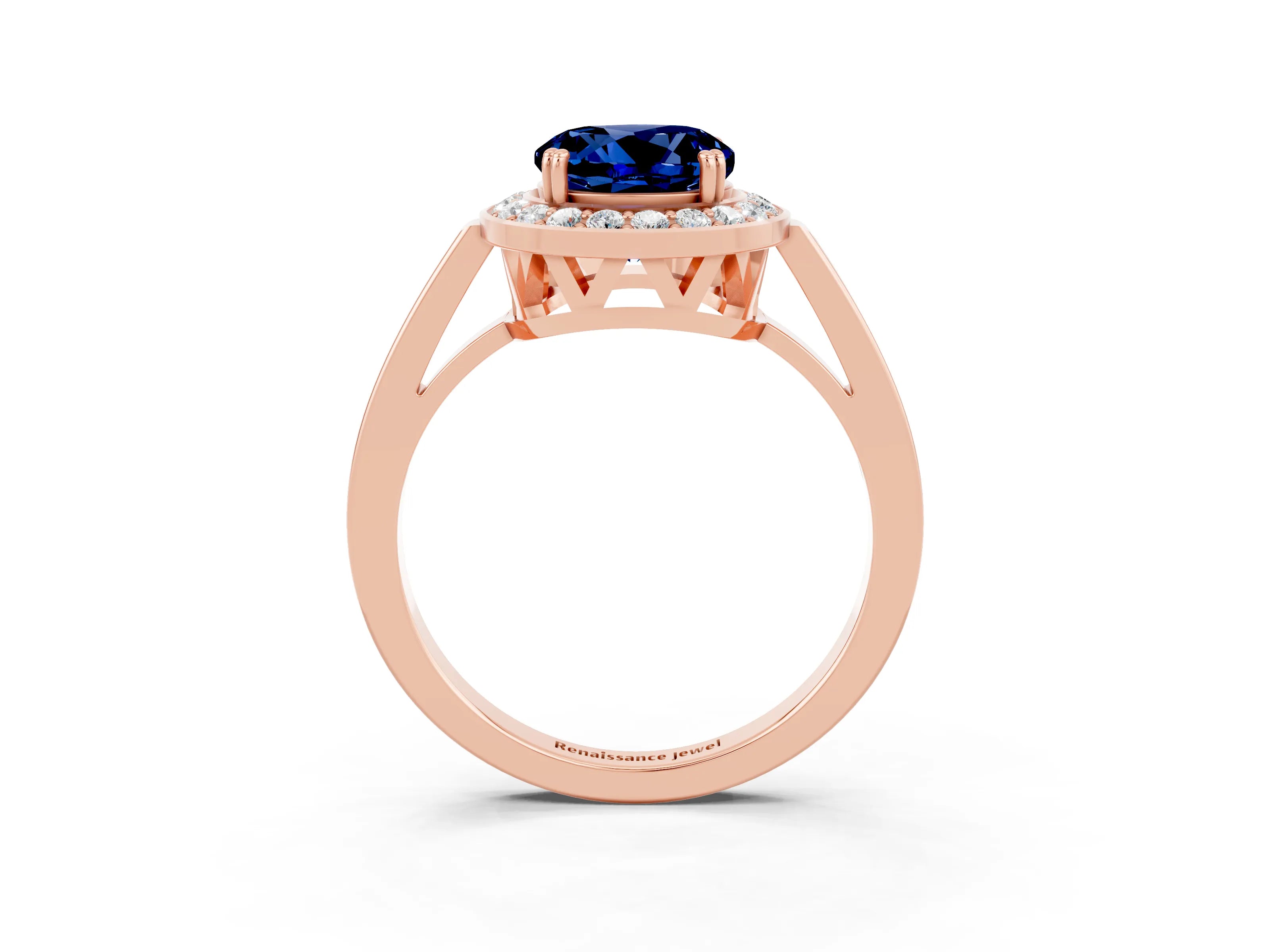 Rose gold {shape_name} Blue Sapphire Halo Ring with Split Shank and Four-Prong Setting_3