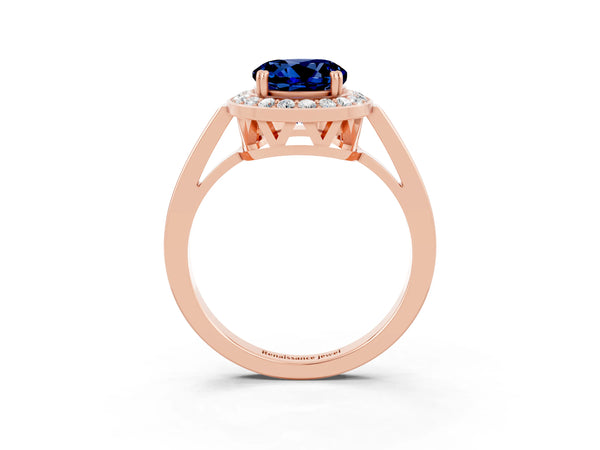 Rose gold Round Cut Blue Sapphire Halo Ring with Split Shank and Four-Prong Setting