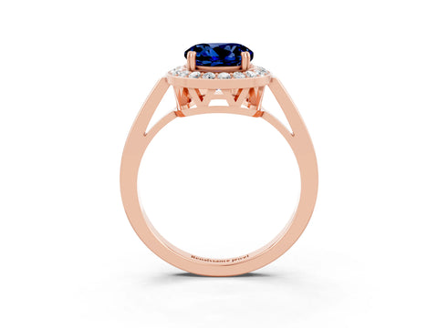 Rose gold {shape_name} Blue Sapphire Halo Ring with Split Shank and Four-Prong Setting_3