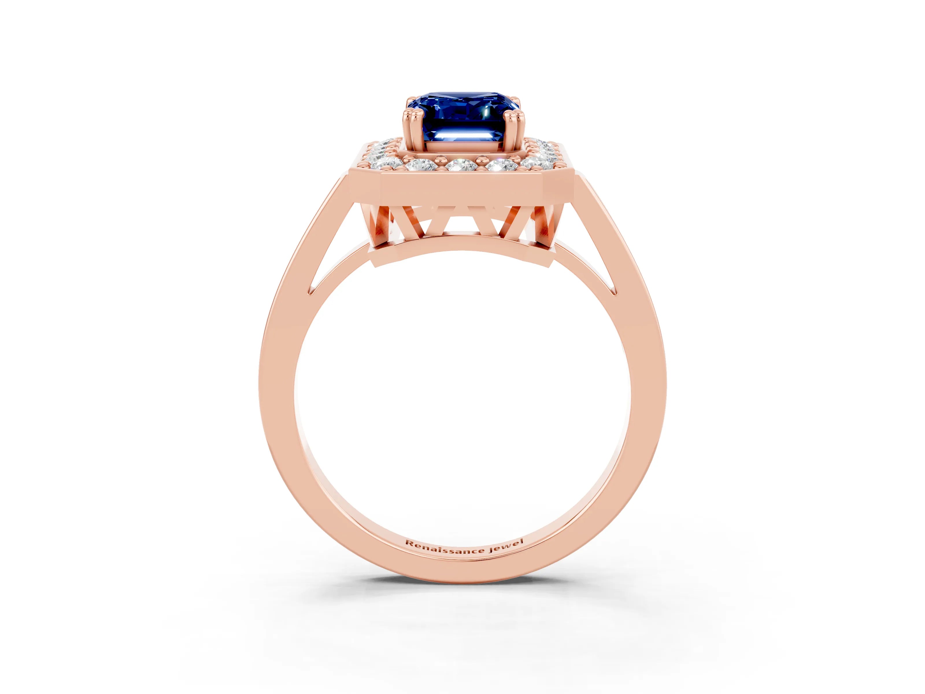 Rose gold {shape_name} Blue Sapphire Halo Ring with Split Shank and Four-Prong Setting_3