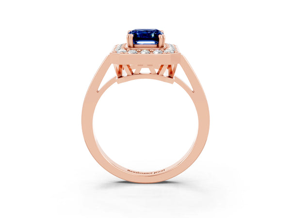Rose gold Emerald Cut Blue Sapphire Halo Ring with Split Shank and Four-Prong Setting