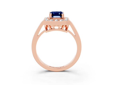 Rose gold {shape_name} Blue Sapphire Halo Ring with Split Shank and Four-Prong Setting_3