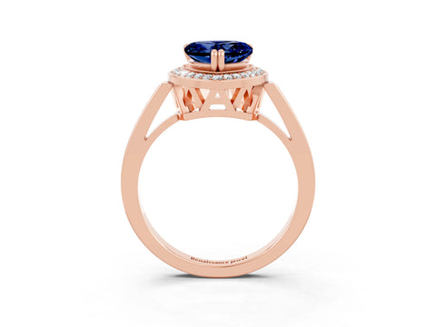 Rose gold {shape_name} Blue Sapphire Halo Ring with Split Shank and Four-Prong Setting_3