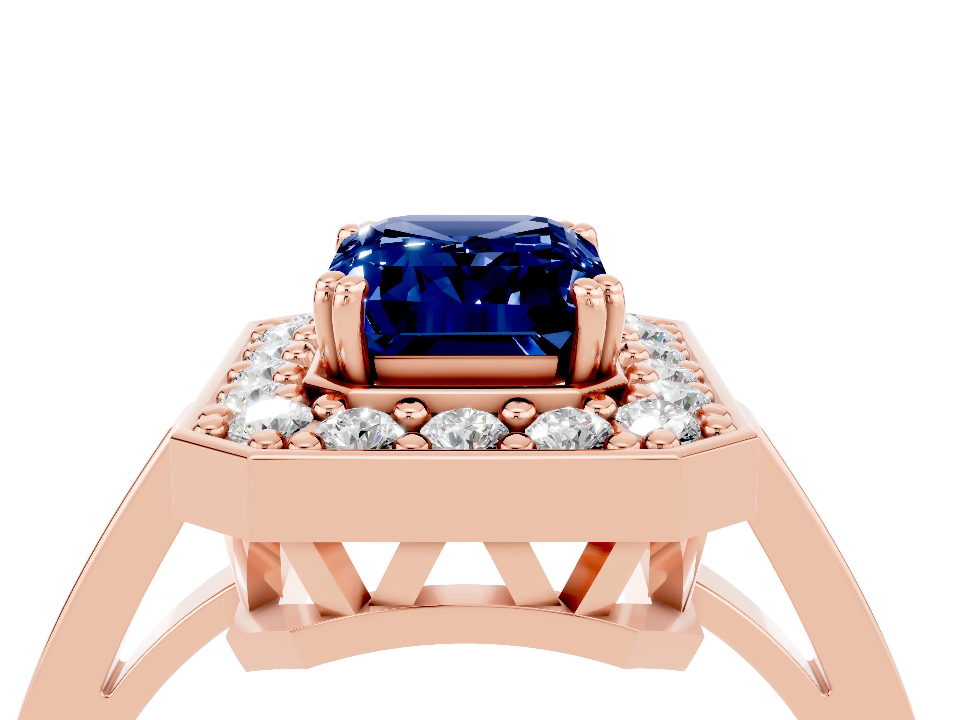 Rose gold {shape_name} Blue Sapphire Halo Ring with Split Shank and Four-Prong Setting_4