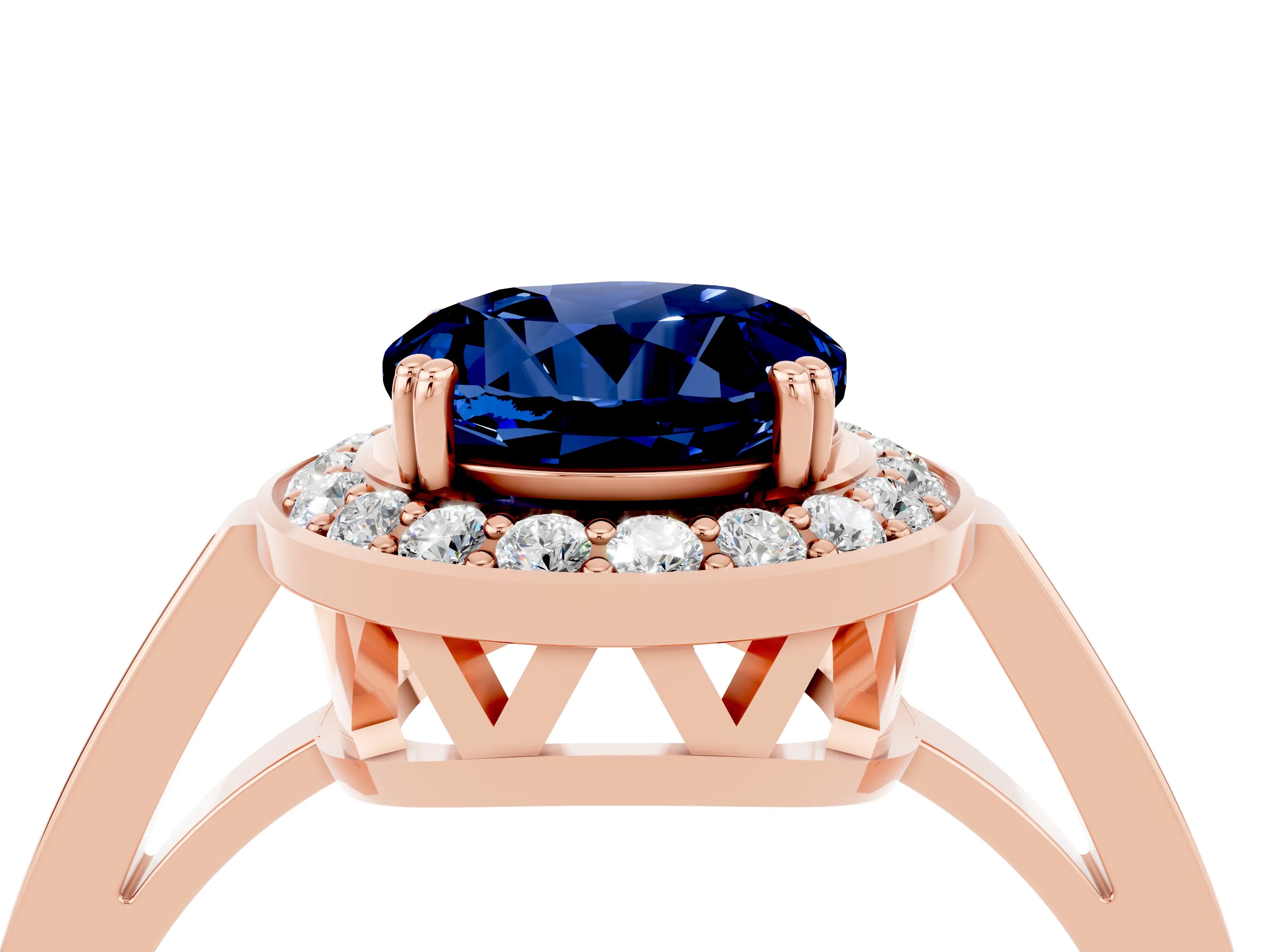 Rose gold {shape_name} Blue Sapphire Halo Ring with Split Shank and Four-Prong Setting_4