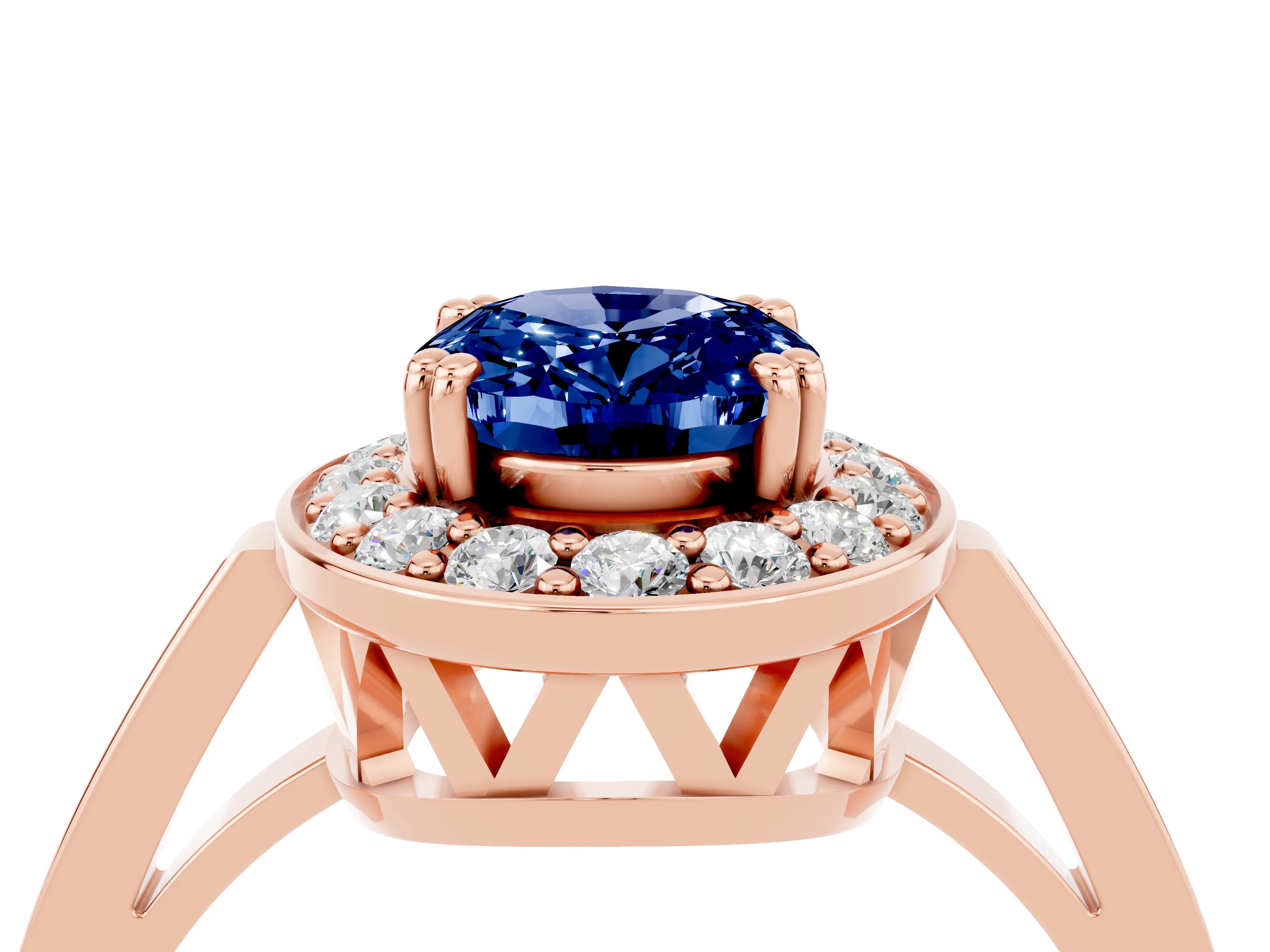 Rose gold {shape_name} Blue Sapphire Halo Ring with Split Shank and Four-Prong Setting_4