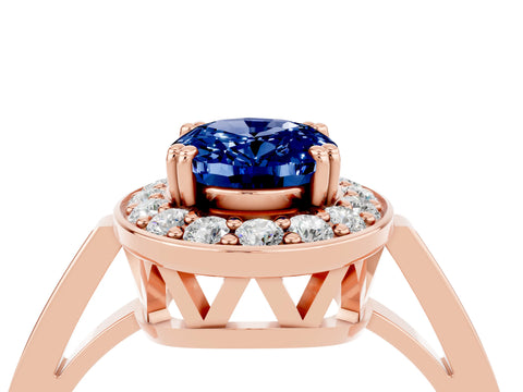 Rose gold {shape_name} Blue Sapphire Halo Ring with Split Shank and Four-Prong Setting_4