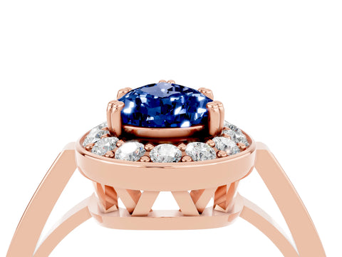 Rose gold {shape_name} Blue Sapphire Halo Ring with Split Shank and Four-Prong Setting_4