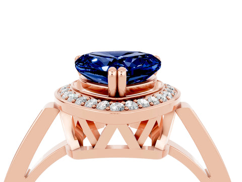 Rose gold {shape_name} Blue Sapphire Halo Ring with Split Shank and Four-Prong Setting_4