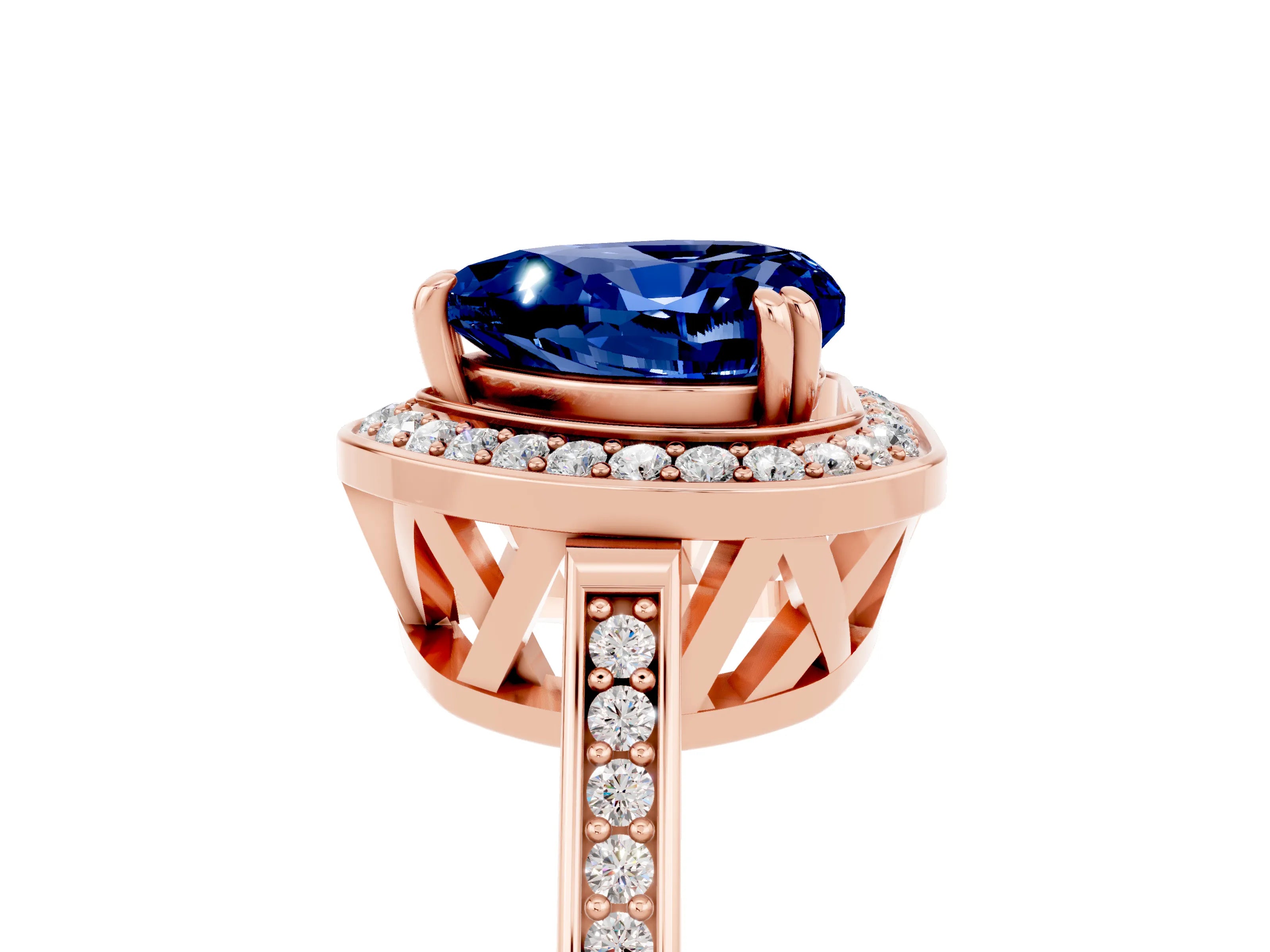 Rose gold {shape_name} Blue Sapphire Halo Ring with Split Shank and Four-Prong Setting_5