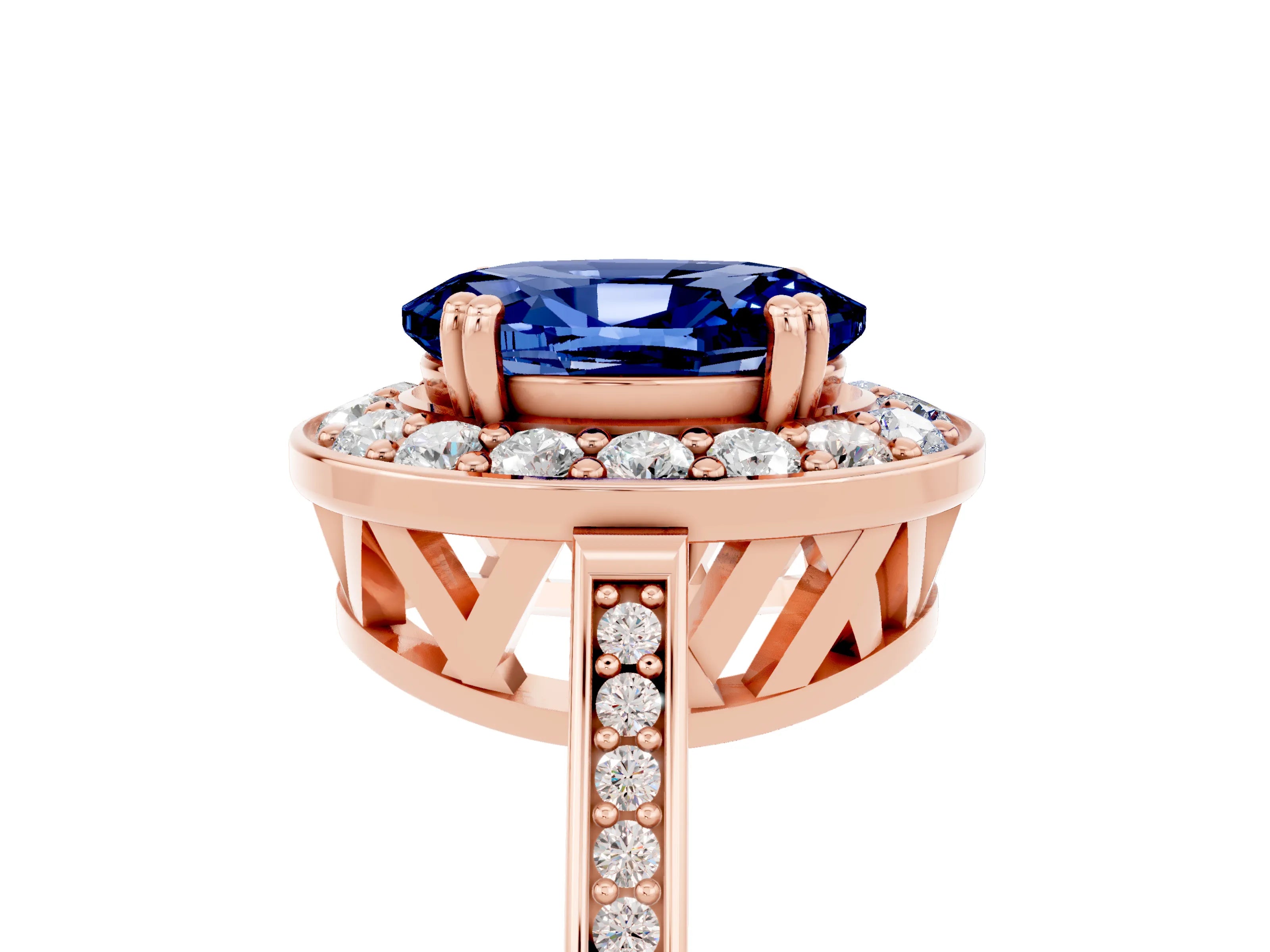 Rose gold {shape_name} Blue Sapphire Halo Ring with Split Shank and Four-Prong Setting_5