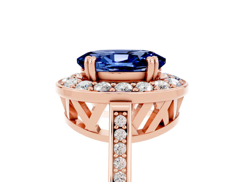 Rose gold {shape_name} Blue Sapphire Halo Ring with Split Shank and Four-Prong Setting_5
