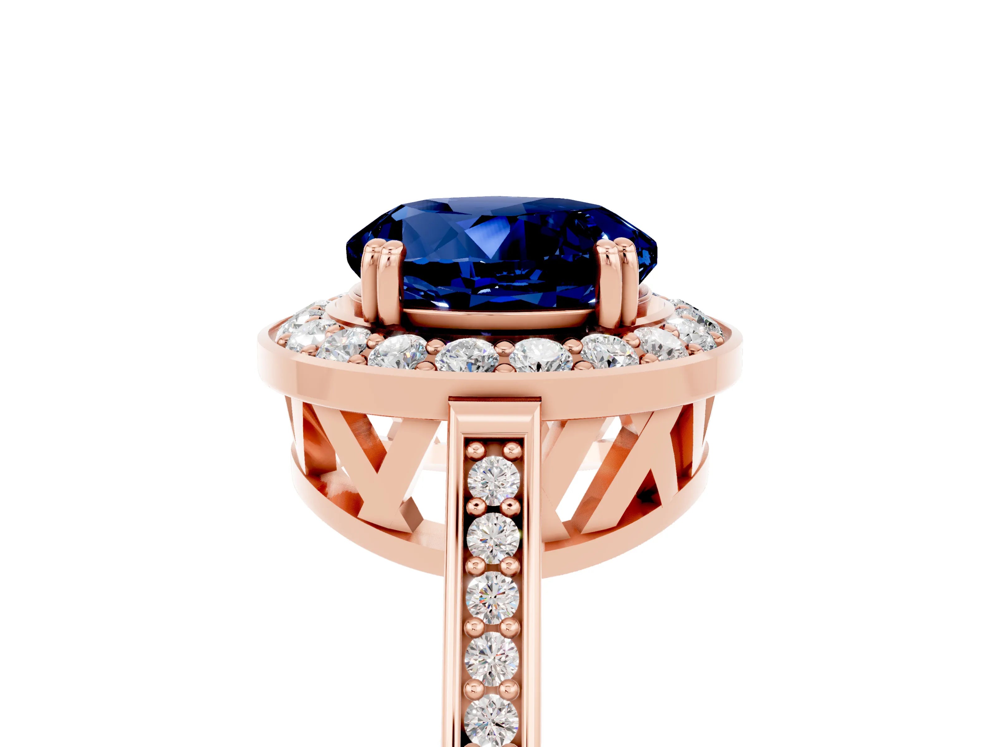 Rose gold {shape_name} Blue Sapphire Halo Ring with Split Shank and Four-Prong Setting_5
