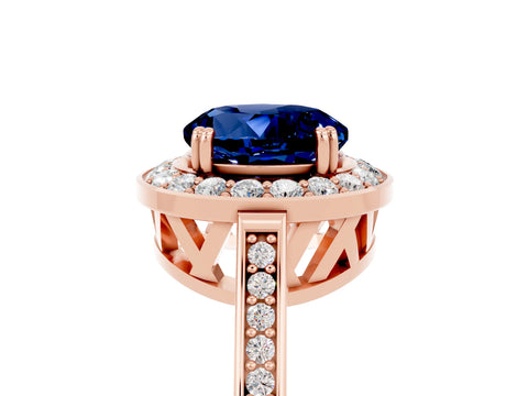 Rose gold {shape_name} Blue Sapphire Halo Ring with Split Shank and Four-Prong Setting_5