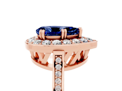 Rose gold {shape_name} Blue Sapphire Halo Ring with Split Shank and Four-Prong Setting_5