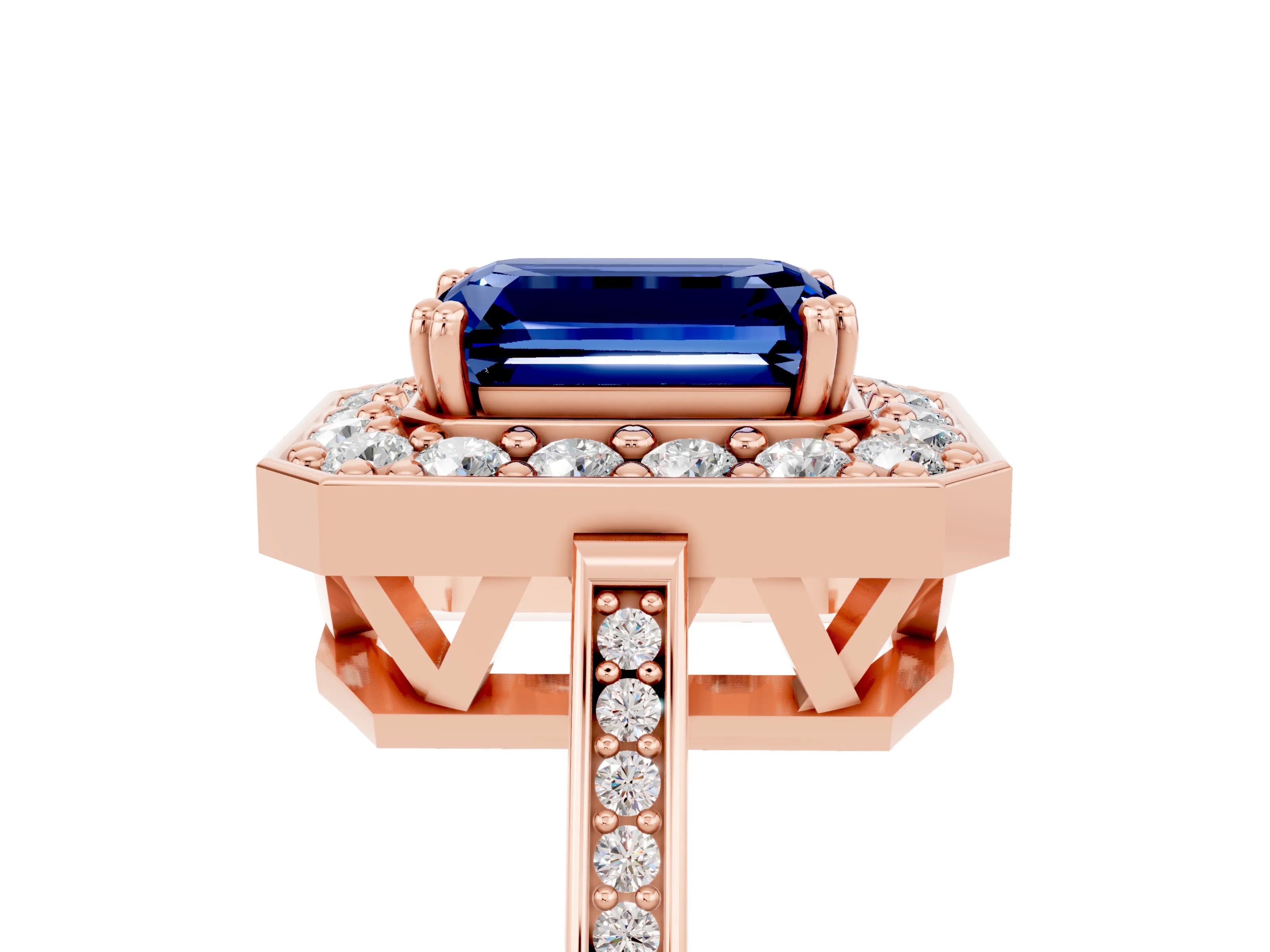 Rose gold {shape_name} Blue Sapphire Halo Ring with Split Shank and Four-Prong Setting_5