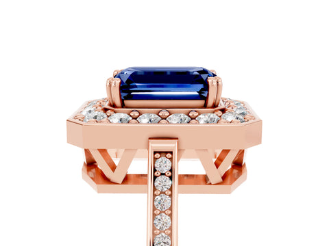 Rose gold {shape_name} Blue Sapphire Halo Ring with Split Shank and Four-Prong Setting_5