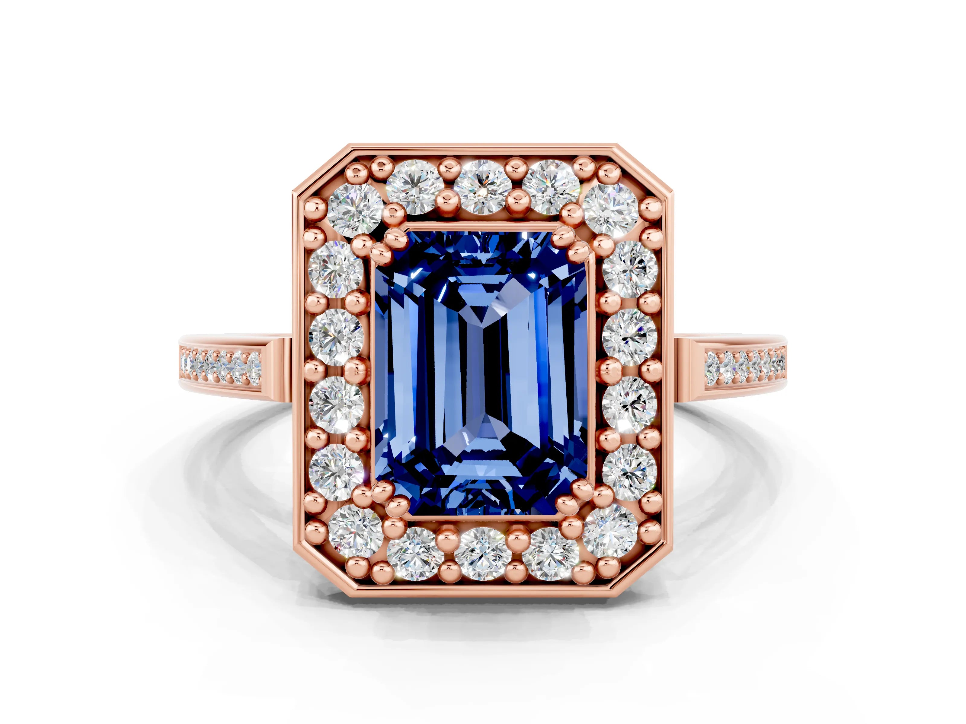 Rose gold {shape_name} Blue Sapphire Halo Ring with Split Shank and Four-Prong Setting