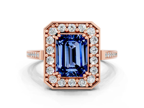 Rose gold Emerald Cut Blue Sapphire Halo Ring with Split Shank and Four-Prong Setting