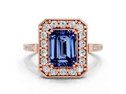 Rose gold {shape_name} Blue Sapphire Halo Ring with Split Shank and Four-Prong Setting