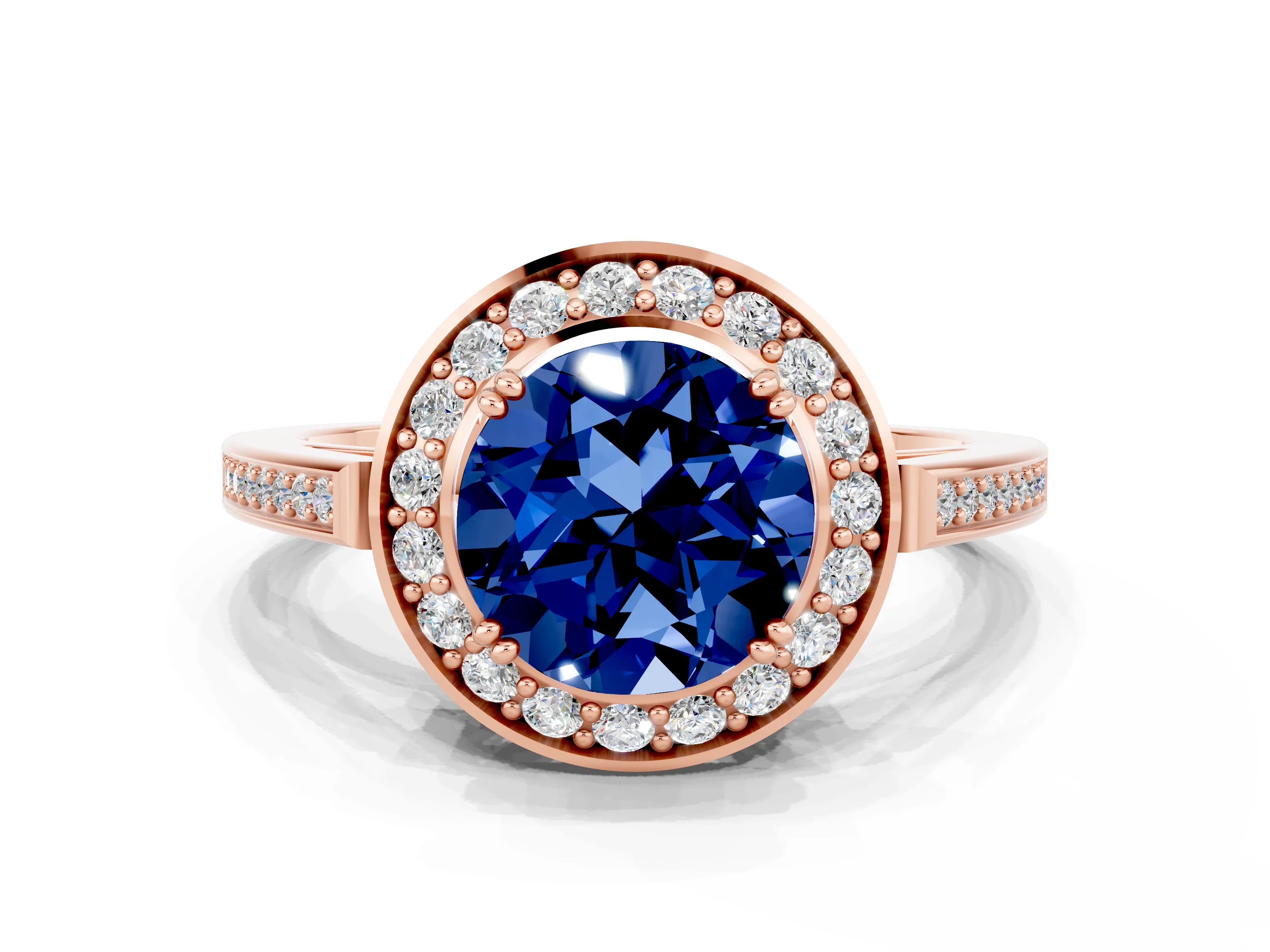 Rose gold {shape_name} Blue Sapphire Halo Ring with Split Shank and Four-Prong Setting